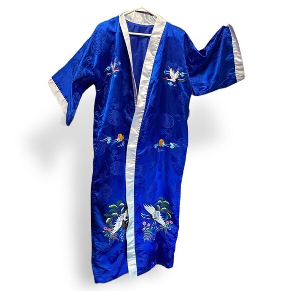 Japanese Crane Water Migration Long Kimono Robe no belt - Picture 1 of 9